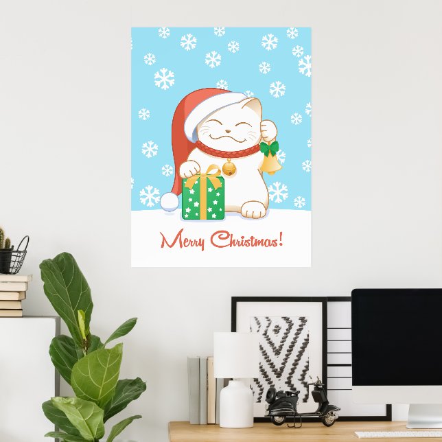 Weiße Weihnachtskatze in einem Red Hat Poster (Heimbüro)