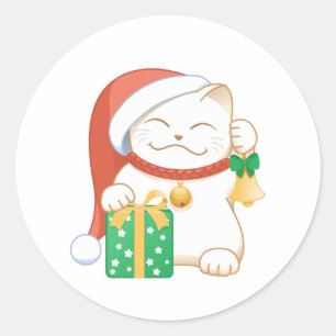 Weiße Weihnachtskatze in einem Red Hat Runder Aufkleber
