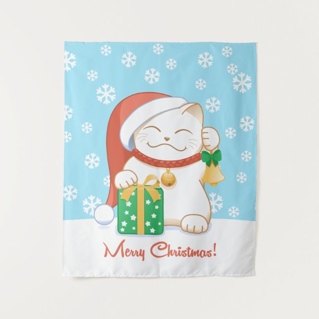Weiße Weihnachtskatze in einem Red Hat Wandteppich (Vorderseite)