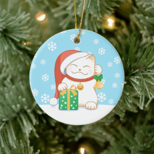 Weiße Weihnachtskatze in einer roten Mütze Keramik Ornament