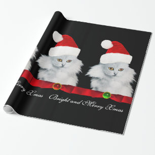 WEIßE WEIHNACHTSKATZE, SANTA-HUT UND ROTES BAND GESCHENKPAPIER
