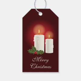 Weiße Weihnachtskerzen auf Rot - Frohe Weihnachten Geschenkanhänger