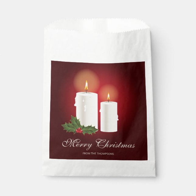 Weiße Weihnachtskerzen auf Rot mit individuellem T Geschenktütchen (Vorderseite)
