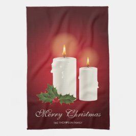 Weiße Weihnachtskerzen auf Rot mit individuellem T Geschirrtuch