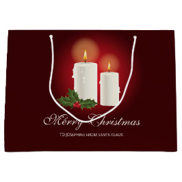 Weiße Weihnachtskerzen auf Rot mit individuellem T Große Geschenktüte
