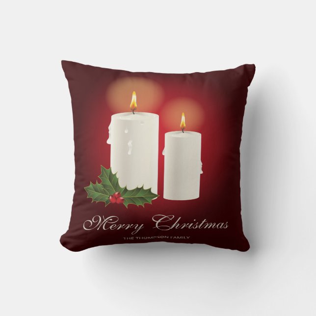 Weiße Weihnachtskerzen auf Rot mit individuellem T Kissen (Vorderseite)