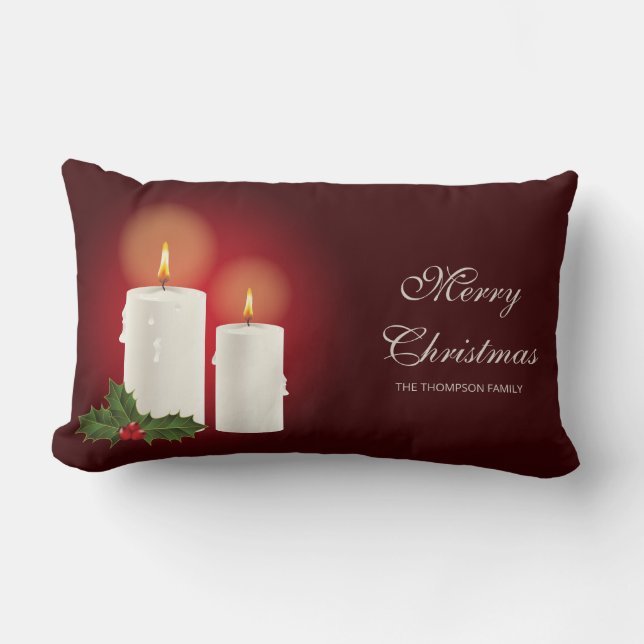 Weiße Weihnachtskerzen auf Rot mit individuellem T Lendenkissen (Vorderseite)