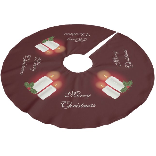 Weiße Weihnachtskerzen auf Rot mit individuellem T Polyester Weihnachtsbaumdecke (Schrägansicht)
