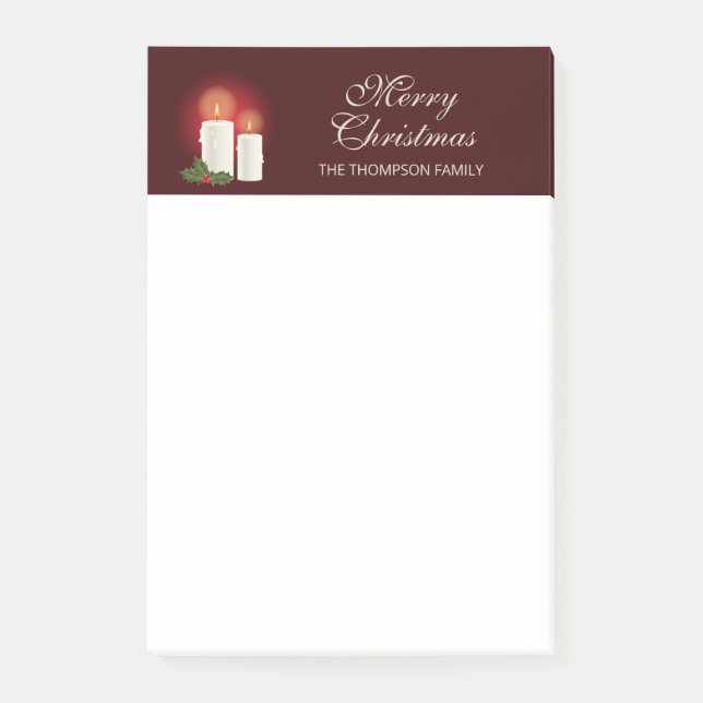 Weiße Weihnachtskerzen auf Rot mit individuellem T Post-it Klebezettel (Vorderseite)