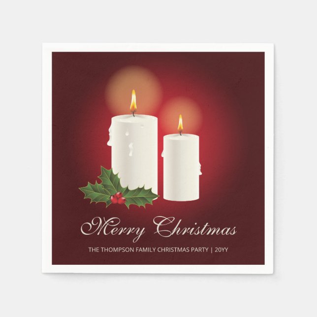 Weiße Weihnachtskerzen auf Rot mit individuellem T Serviette (Vorderseite)