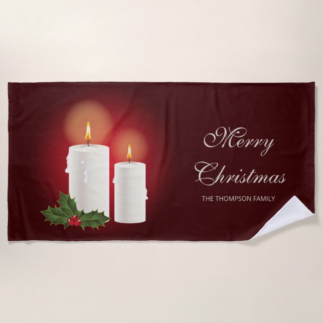 Weiße Weihnachtskerzen auf Rot mit individuellem T Strandtuch (Vorderseite)