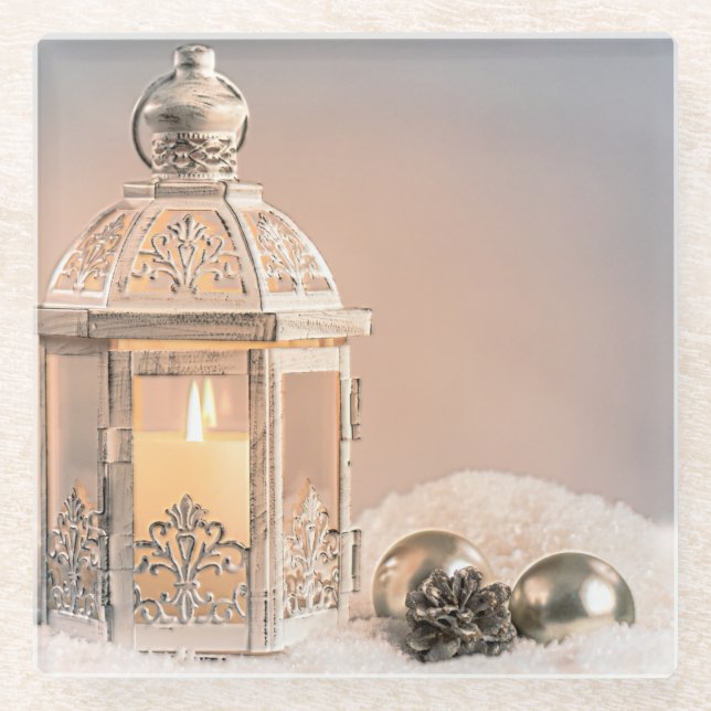 Weiße Weihnachtslattern und Ornamente Glasuntersetzer (Vorderseite)