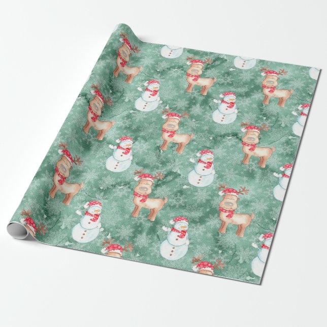 Weiße Weihnachtsschneemänner und Rentier - Grün Geschenkpapier (Ungerollt)