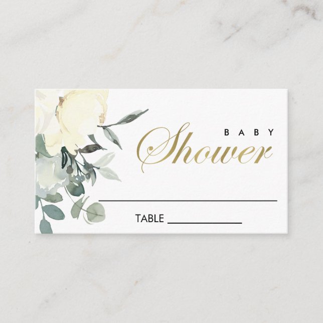 WEISSE, WEISSE BABYDUSCHE MIT BLUMENWASSERFARBE PLATZKARTE (Vorderseite)