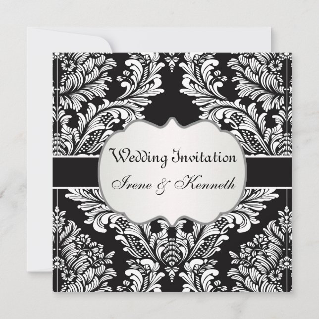 Weiße weiße Damasse auf schwarzer Hochzeit Einladu Einladung (Vorderseite)