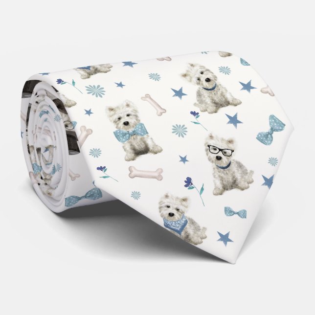 Weiße Westie mit Zubehör Whimsical Krawatte (Gerollt)