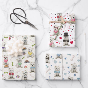 Weiße Westies mit Accessoires Geschenkpapier Set