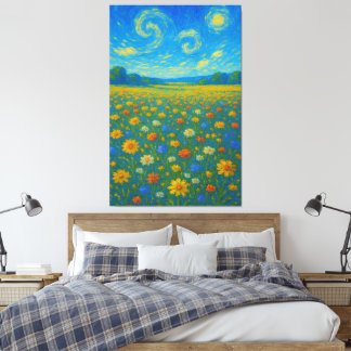 Weiße Wildblume unter einem wirbelnden Himmel Leinwanddruck