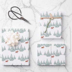 Weiße Winter-Wunderland - Fichtenwald und Hirsche  Geschenkpapier Set