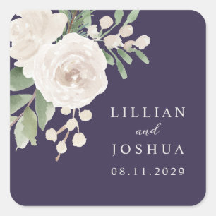 Weiße Winterblumen Hochzeit in Lila Quadratischer Aufkleber