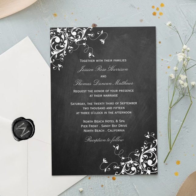 Weiße Wirbel auf Chalkboard Hochzeitseinladungen Einladung (Von Creator hochgeladen)