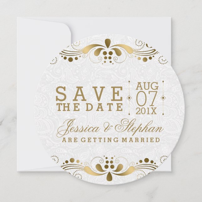 Weiße Wirbel aus Paisley und Gold Save the Date (Vorderseite)