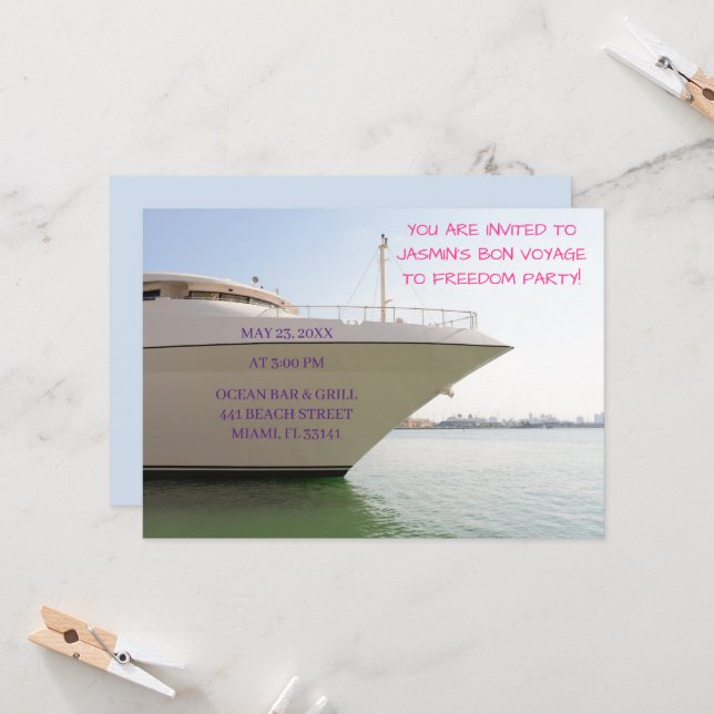 Weiße Yacht am Ozean Funny Bachelorette Boot Einladung (Vorderseite/Rückseite Beispiel)