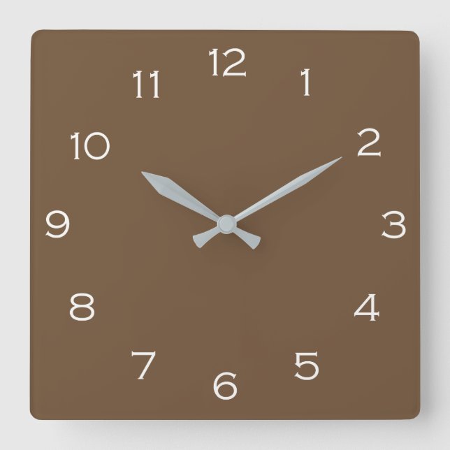 Weiße Zahlen auf dem Bogen der braunen Wall-Uhr Quadratische Wanduhr (Vorderseite)