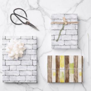 Weiße Ziegel Braune Zitrone Gelb Grüne Streifen Geschenkpapier Set