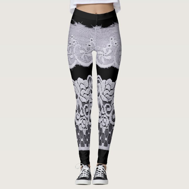 Weiße Zierspitze, abgeschiedener schwarzer Hinterg Leggings (Vorderseite)