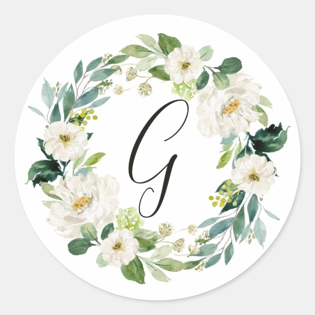 Weißen Blumenkranz-Monogramm Runder Aufkleber (Vorderseite)