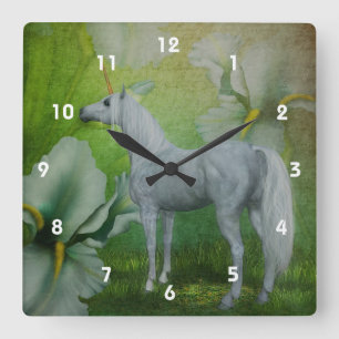 Weißen Einhorn Pferd Und Blumen Fantasy Kunst Quadratische Wanduhr