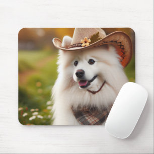Weißer amerikanischer Eskimo-Hund mit Cowboy-Hut Mousepad