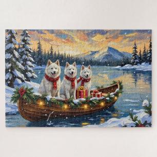Weißer Amerikanischer Eskimo-Hund Weihnachtsboot U