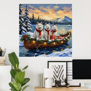 Weißer Amerikanischer Eskimo-Hund Weihnachtsboot U Poster