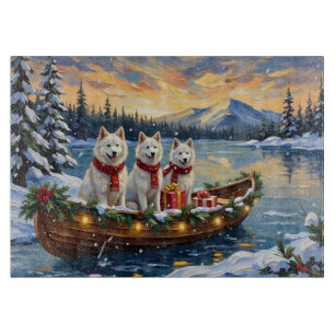 Weißer Amerikanischer Eskimo-Hund Weihnachtsboot U Schneidebrett