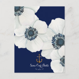 Weißer Anemon Nautical Navy + Anker Save the Date Ankündigungspostkarte