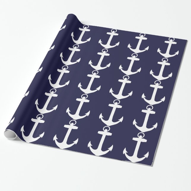 Weißer Anker auf Marine-Blau-Hintergrund Geschenkpapier (Ungerollt)