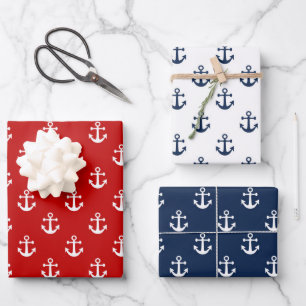 Weißer Anker auf rotem Hintergrund Geschenkpapier Set