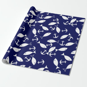 Weißer Anker Blauer Hintergrund Captain Sea Fish Geschenkpapier