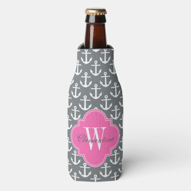 Weißer Anker, Hot Pink 1I Name Monogram Flaschenkühler (Flaschenvorderseite)