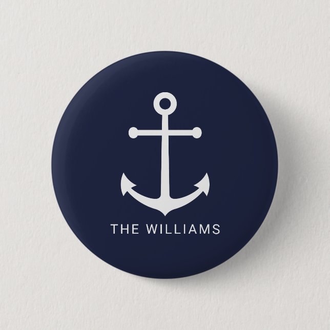 Weißer Anker und Individuelle Name auf Navy Blue Button (Vorderseite)