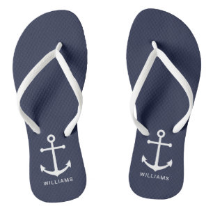 Weißer Anker und Individuelle Name auf Navy Blue Flip Flops
