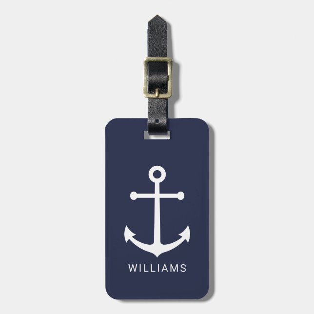 Weißer Anker und Individuelle Name auf Navy Blue Gepäckanhänger (Vorderseite vertikal)