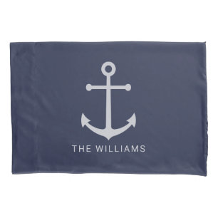 Weißer Anker und Individuelle Name auf Navy Blue Kissenbezug