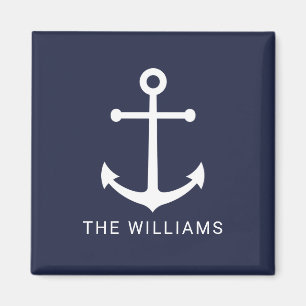 Weißer Anker und Individuelle Name auf Navy Blue Magnet