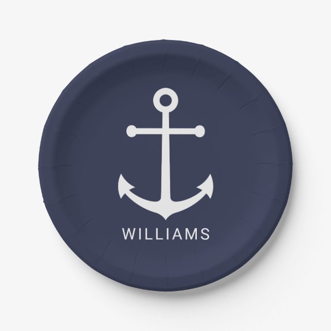 Weißer Anker und Individuelle Name auf Navy Blue Pappteller (Vorderseite)