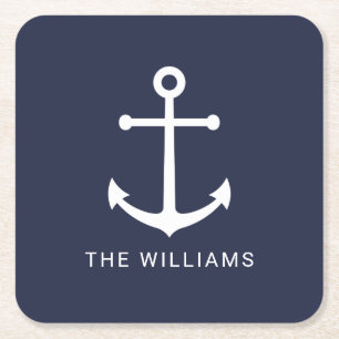 Weißer Anker und Individuelle Name auf Navy Blue Rechteckiger Pappuntersetzer