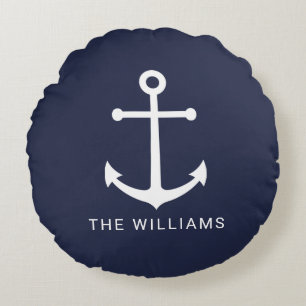 Weißer Anker und Individuelle Name auf Navy Blue Rundes Kissen