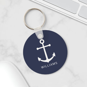 Weißer Anker und Individuelle Name auf Navy Blue Schlüsselanhänger